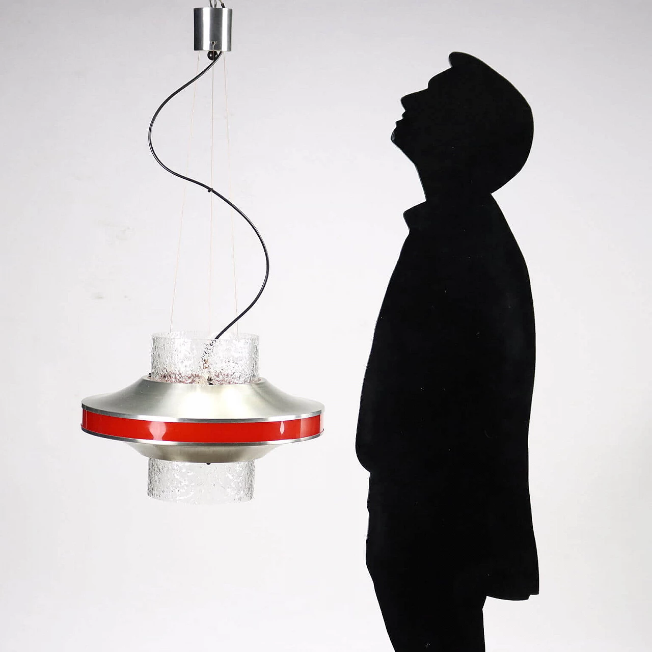 Ceiling lamp with blown glass cylinder, methacrylate band and aluminium details, 1960s 2