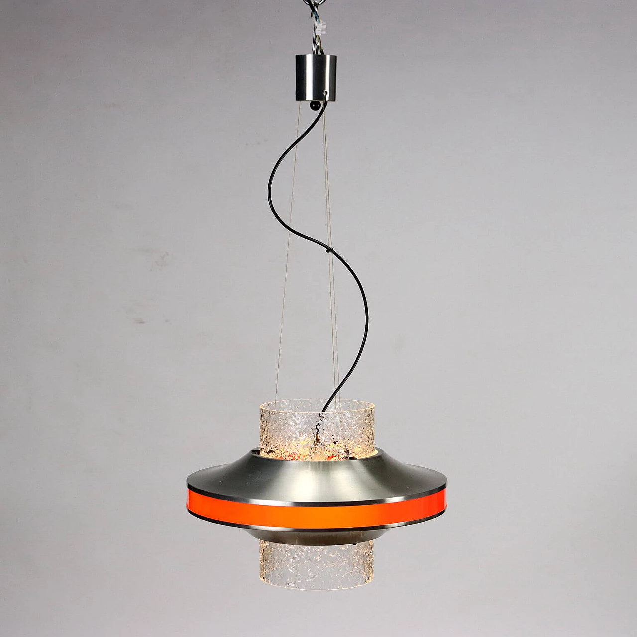 Ceiling lamp with blown glass cylinder, methacrylate band and aluminium details, 1960s 7