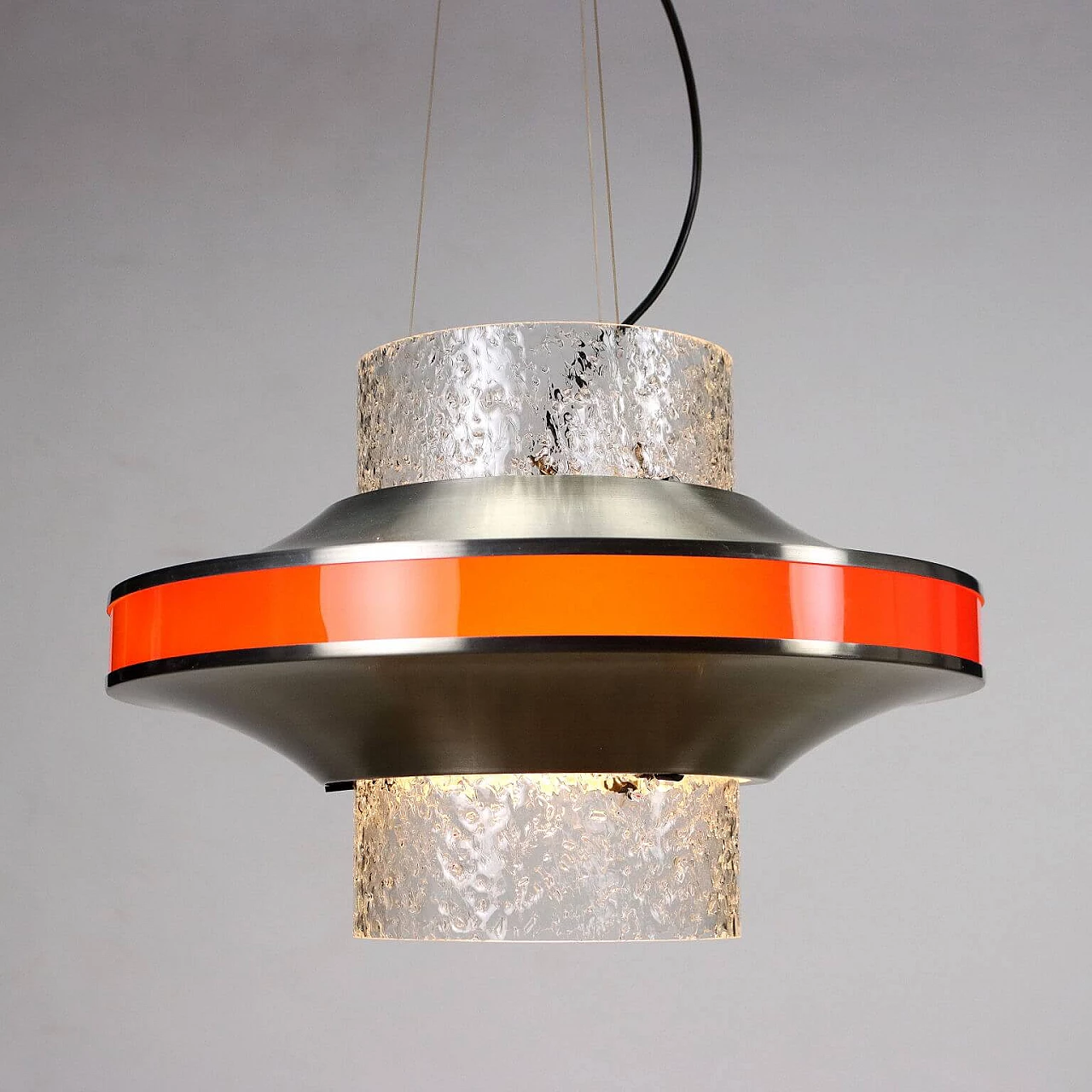 Ceiling lamp with blown glass cylinder, methacrylate band and aluminium details, 1960s 8