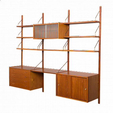 Libreria Home Office in teak con scrivania sospesa e mensola