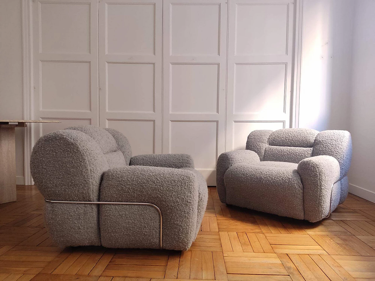 Pair of gray bouclé fabric and chromed metal armchairs, 1970s 1