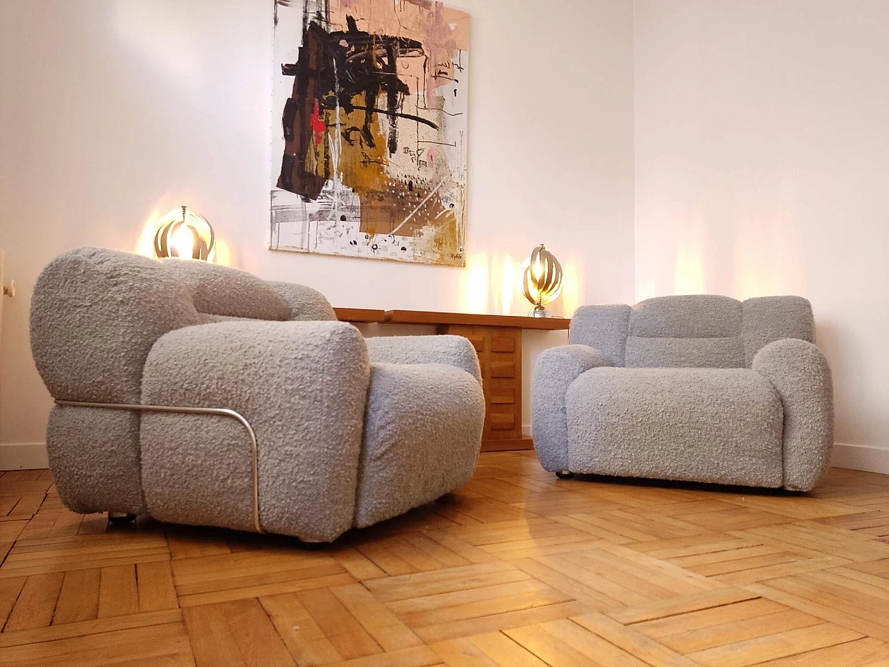 Pair of gray bouclé fabric and chromed metal armchairs, 1970s 9