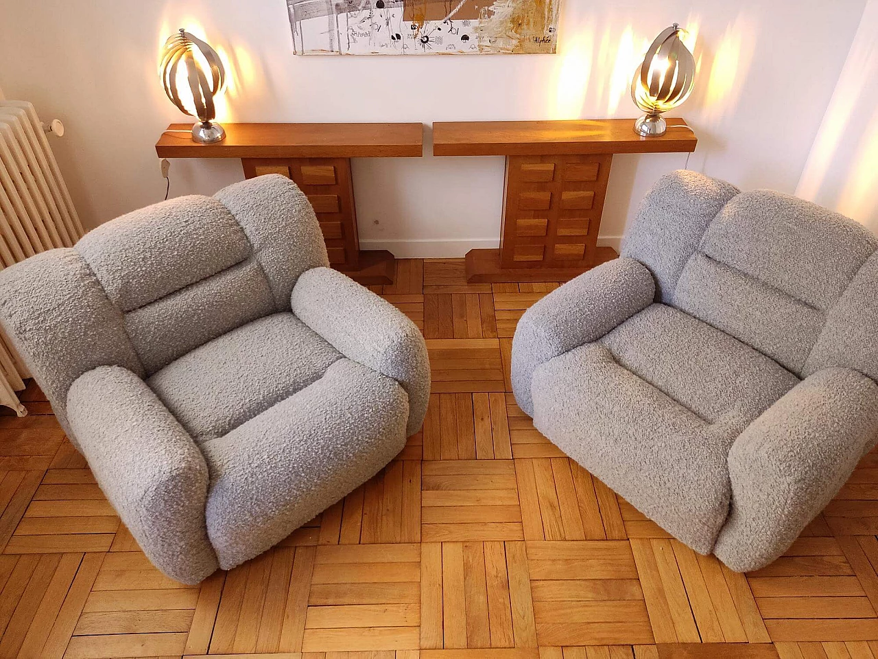 Pair of gray bouclé fabric and chromed metal armchairs, 1970s 10