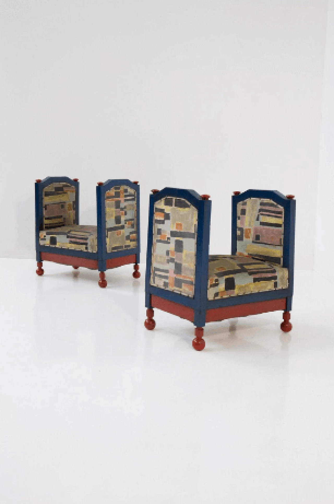 Pair of wood and fabric stools attributed to Luigi Colombo Fillia, 1920s 5