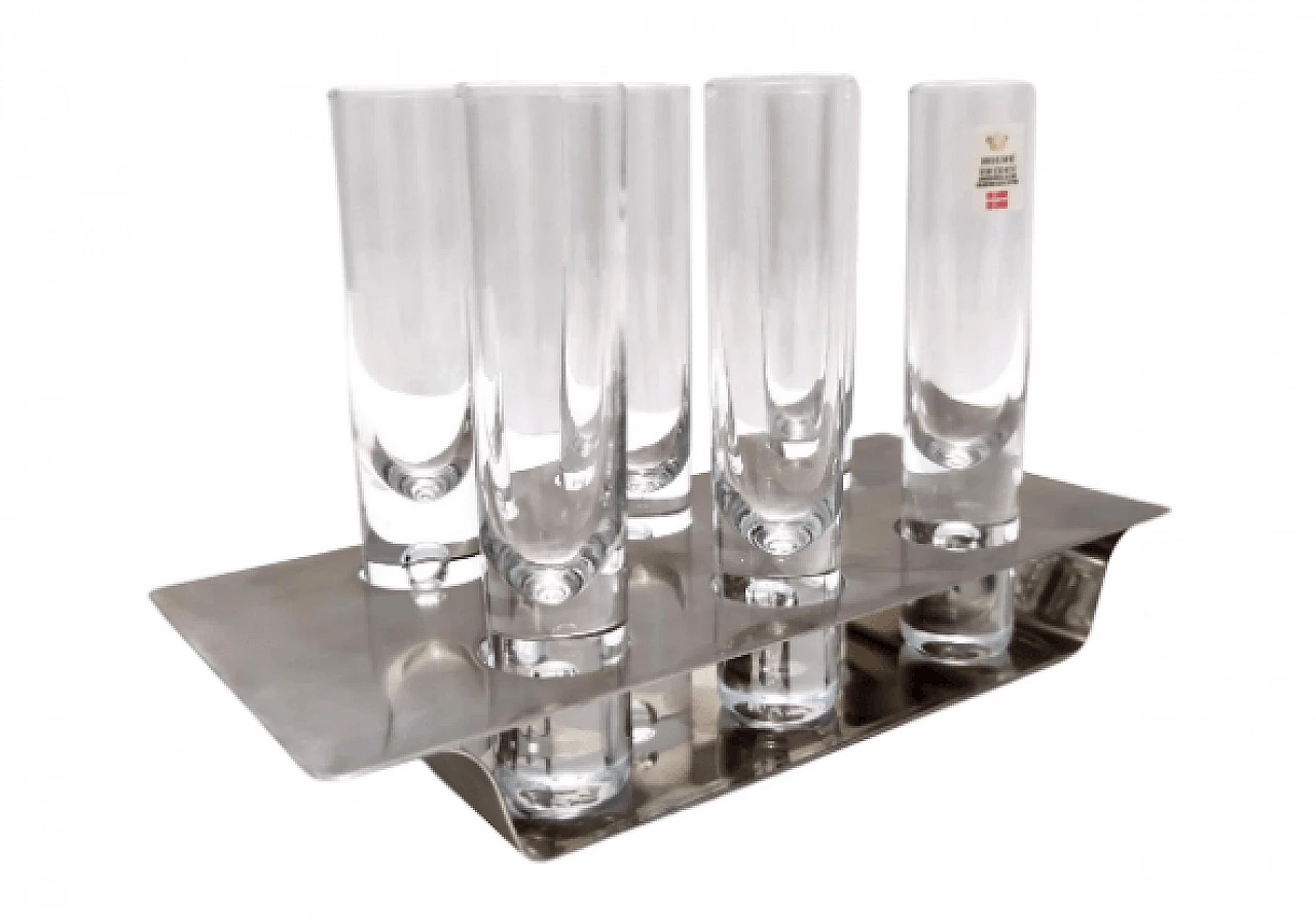 6 Liqueur glasses and tray in glass and steel by Holme Sweden, 1970s 1