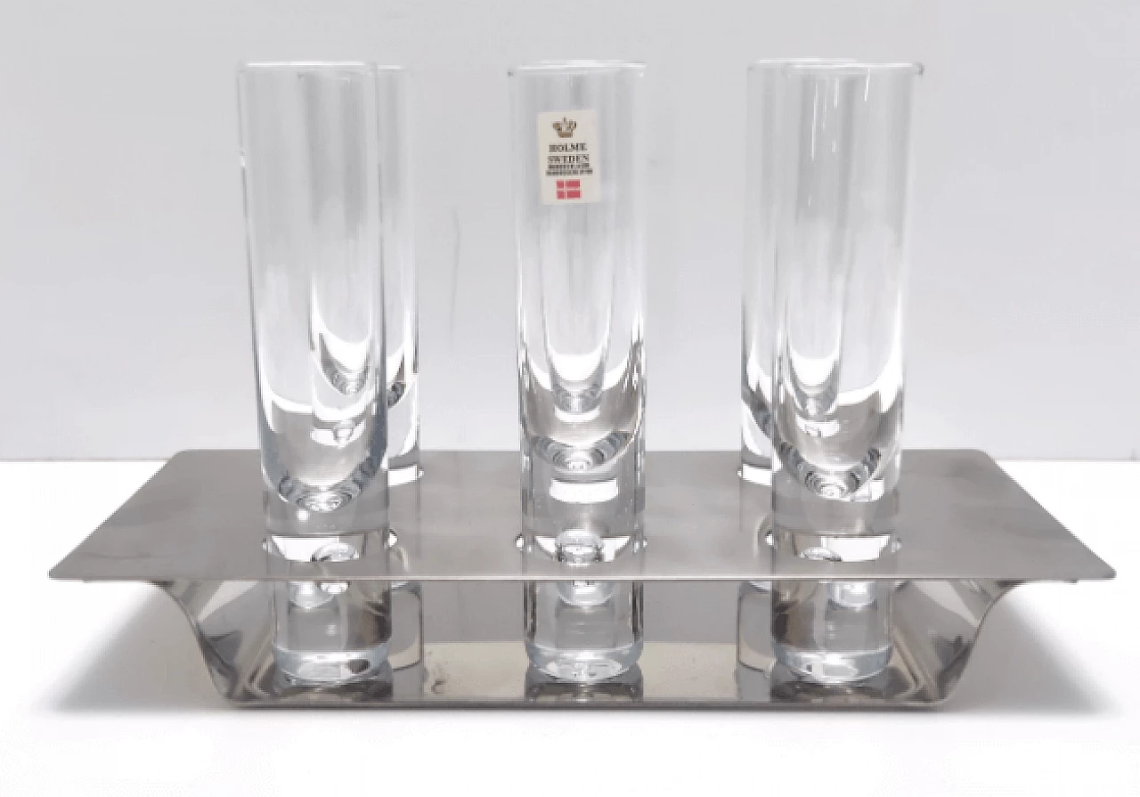 6 Liqueur glasses and tray in glass and steel by Holme Sweden, 1970s 2