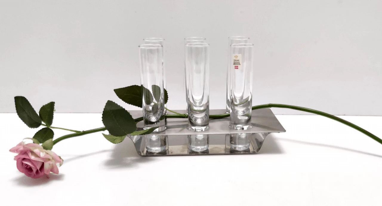 6 Liqueur glasses and tray in glass and steel by Holme Sweden, 1970s 4