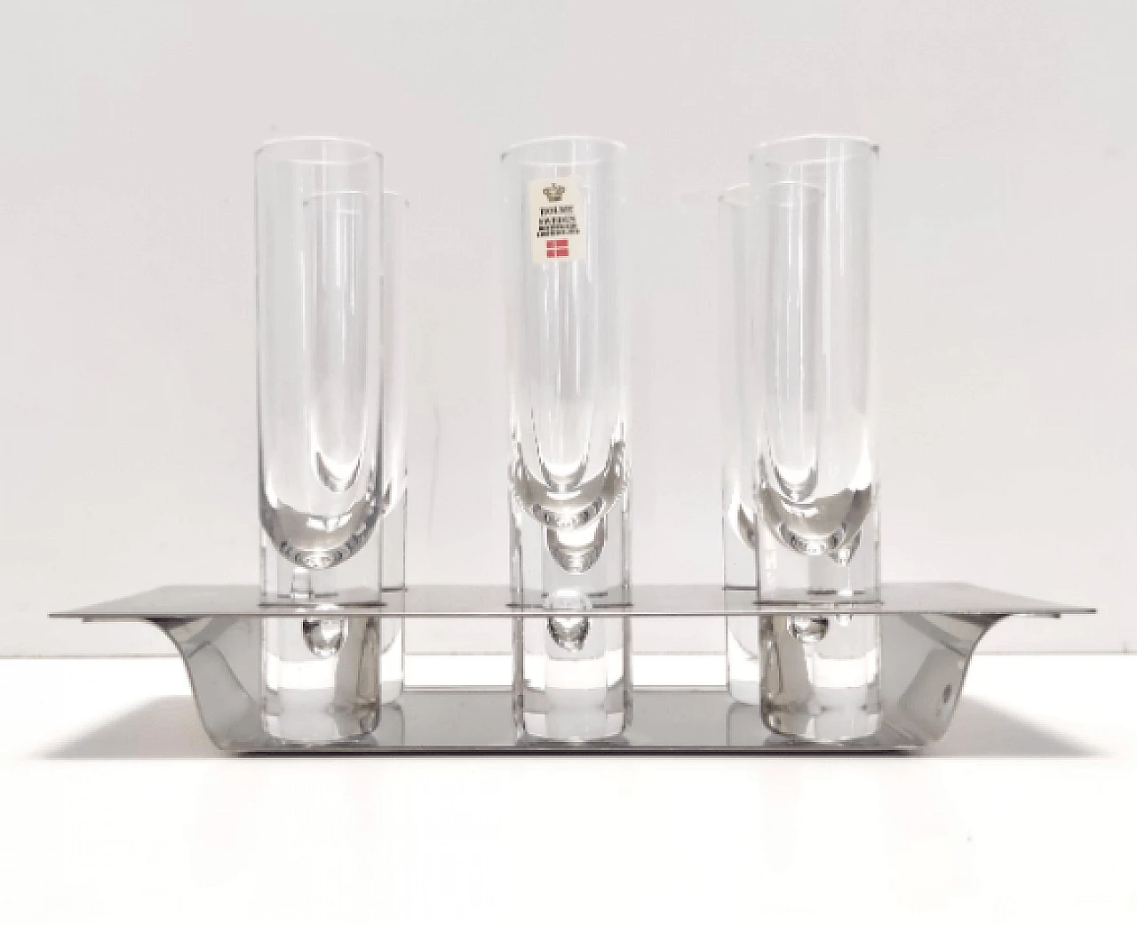 6 Liqueur glasses and tray in glass and steel by Holme Sweden, 1970s 7