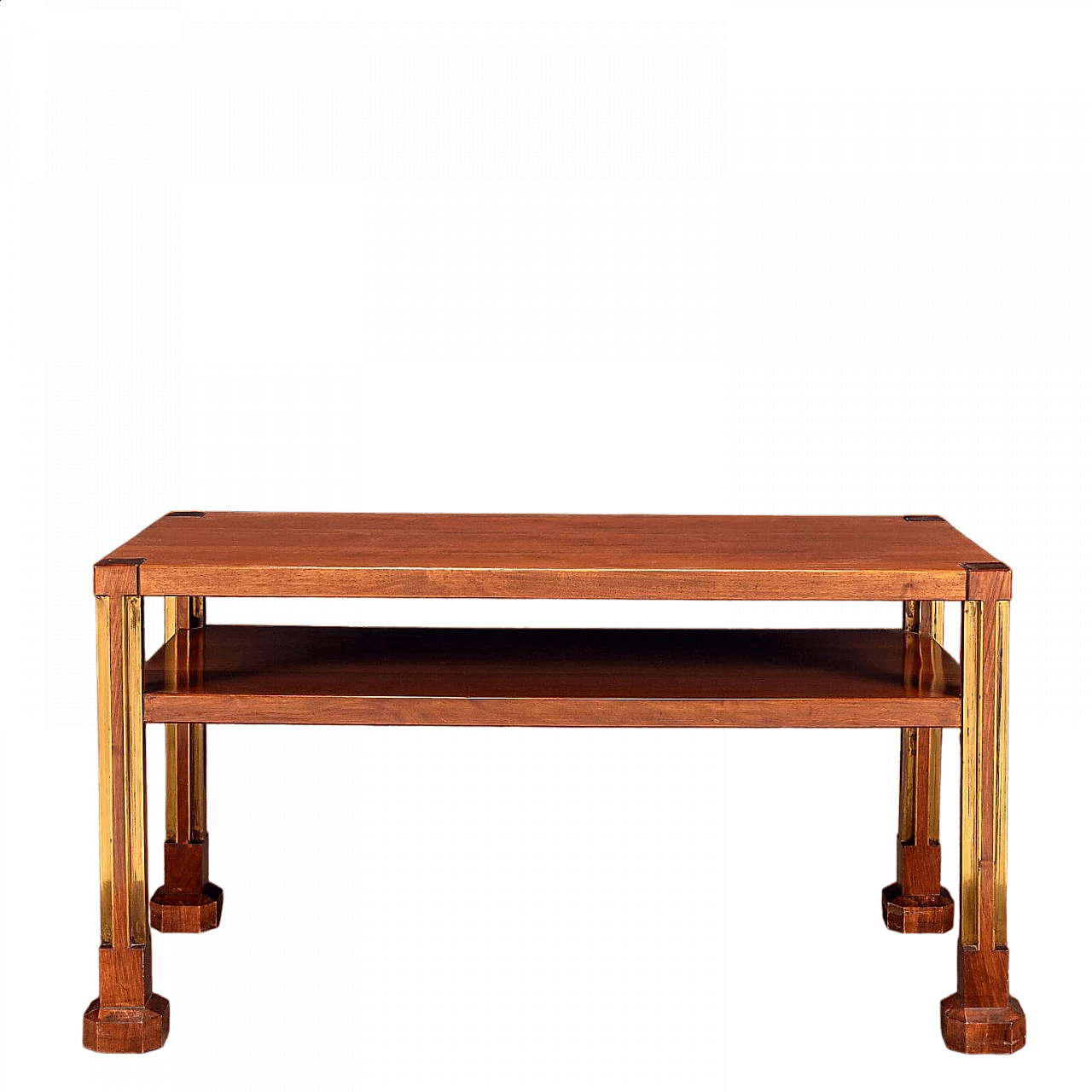 Walnut veneered wood coffee table with brass frames, 1960s 7