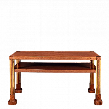 Walnut veneered wood coffee table with brass frames, 1960s