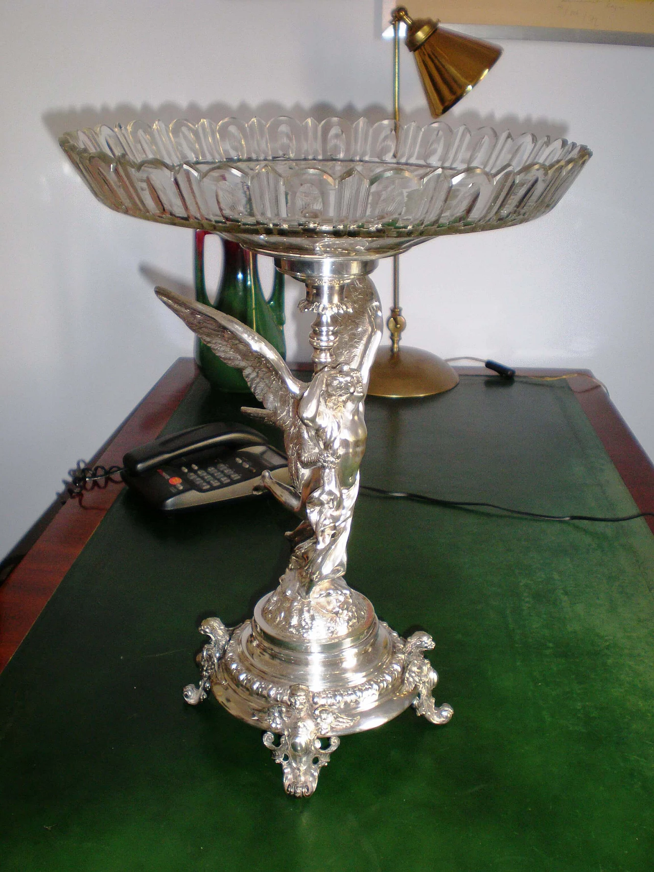 Metal and glass centerpiece raised bowl with winged figure, early 20th century 2