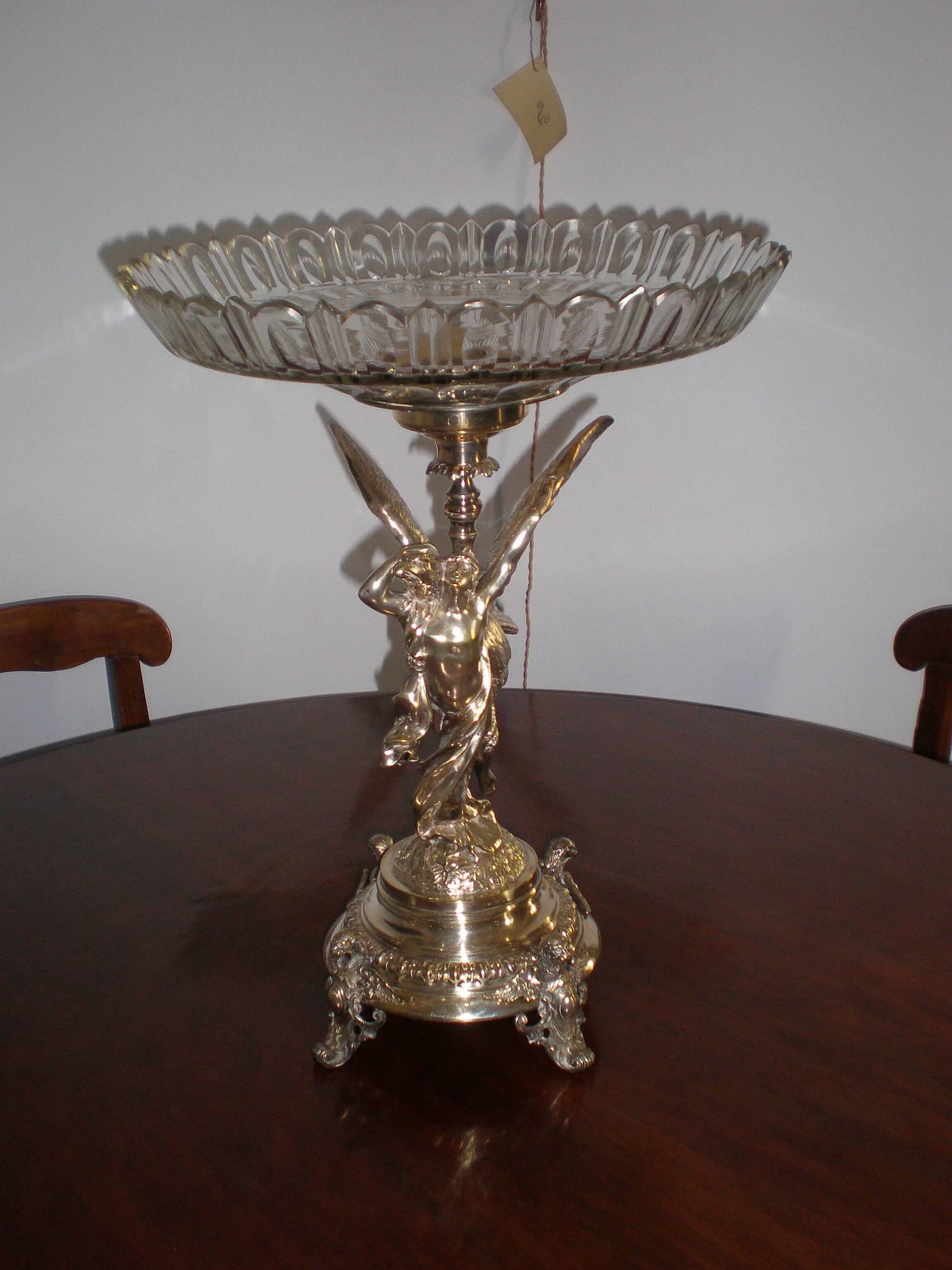 Metal and glass centerpiece raised bowl with winged figure, early 20th century 5