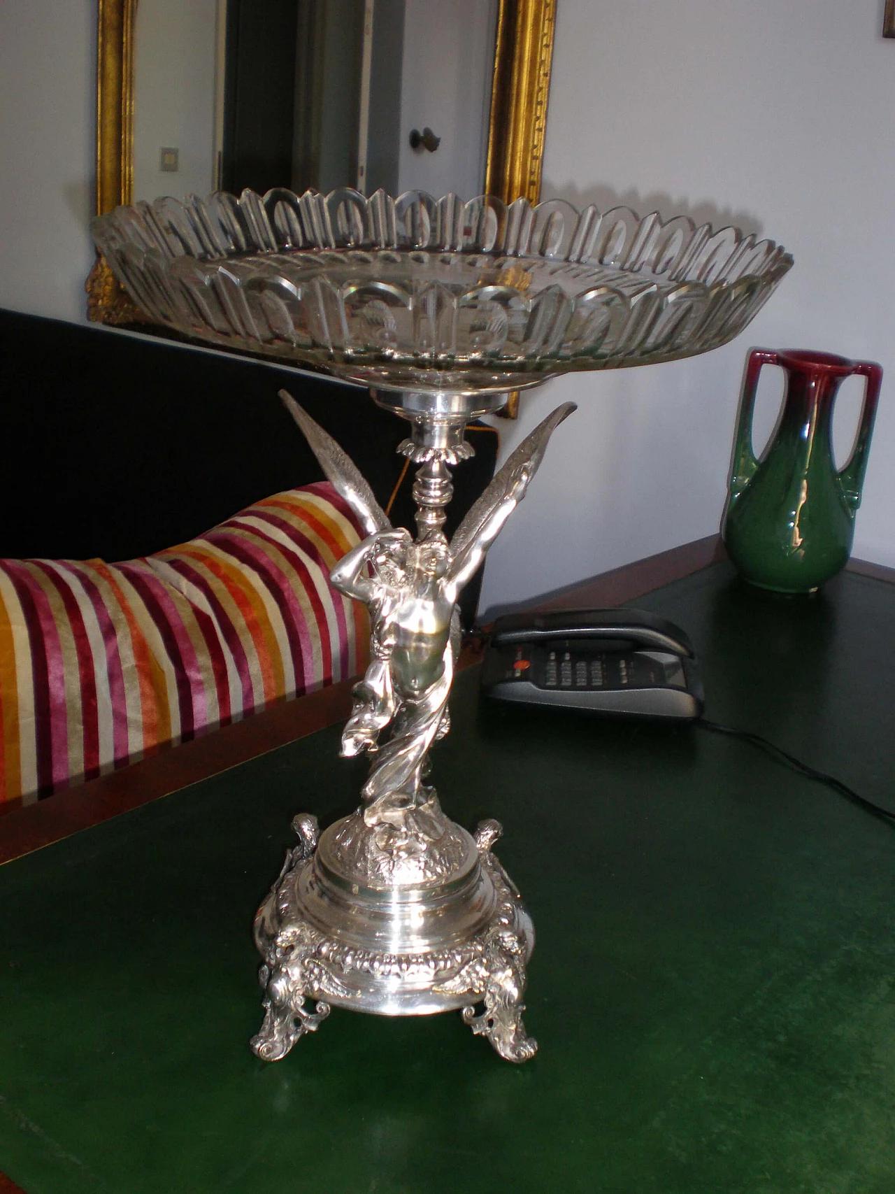 Metal and glass centerpiece raised bowl with winged figure, early 20th century 6