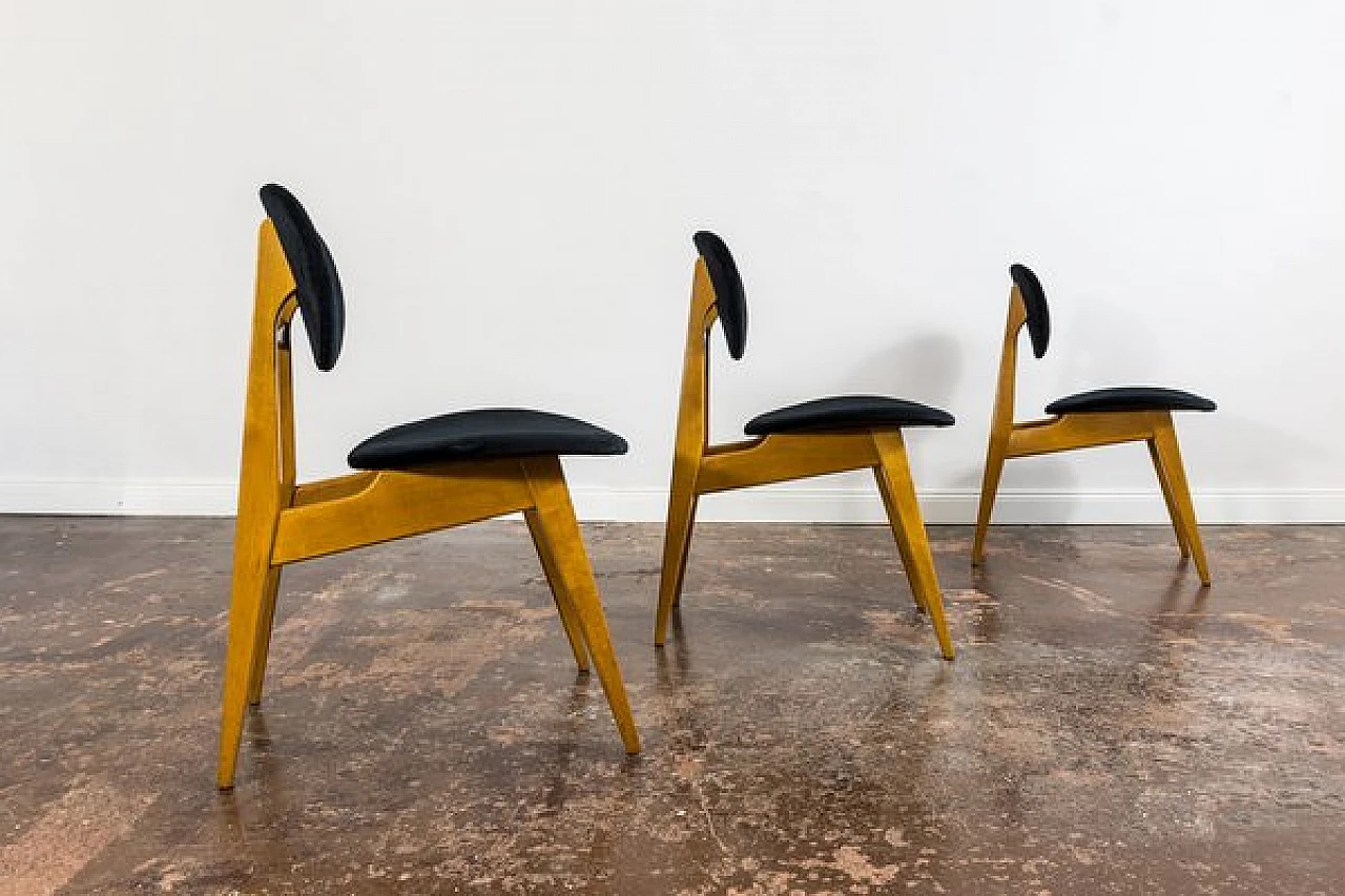 3 Chairs in beech and black fabric by Juliusz Kędziorek, 1960s 5