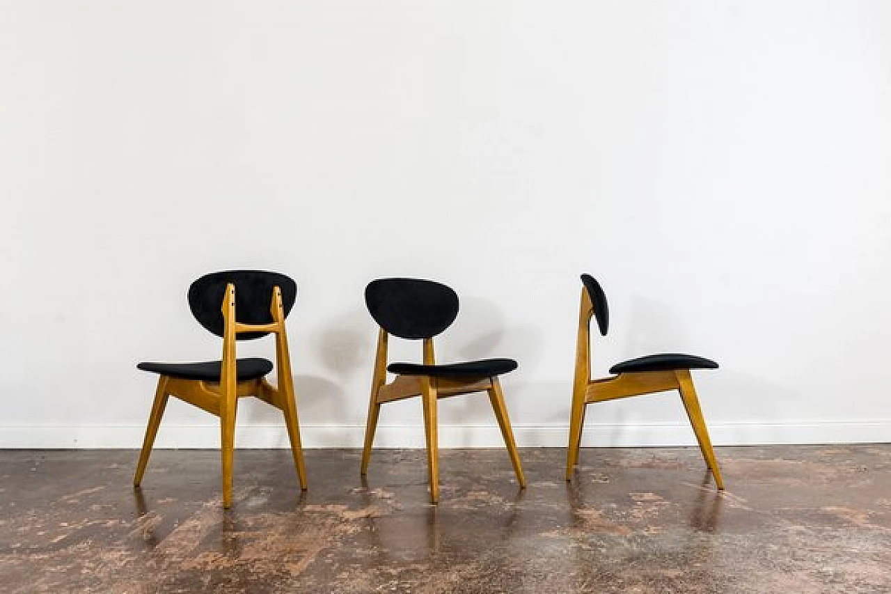 3 Chairs in beech and black fabric by Juliusz Kędziorek, 1960s 7