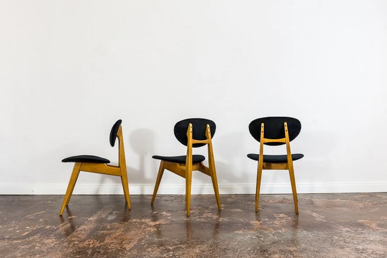 3 Chairs in beech and black fabric by Juliusz Kędziorek, 1960s 15