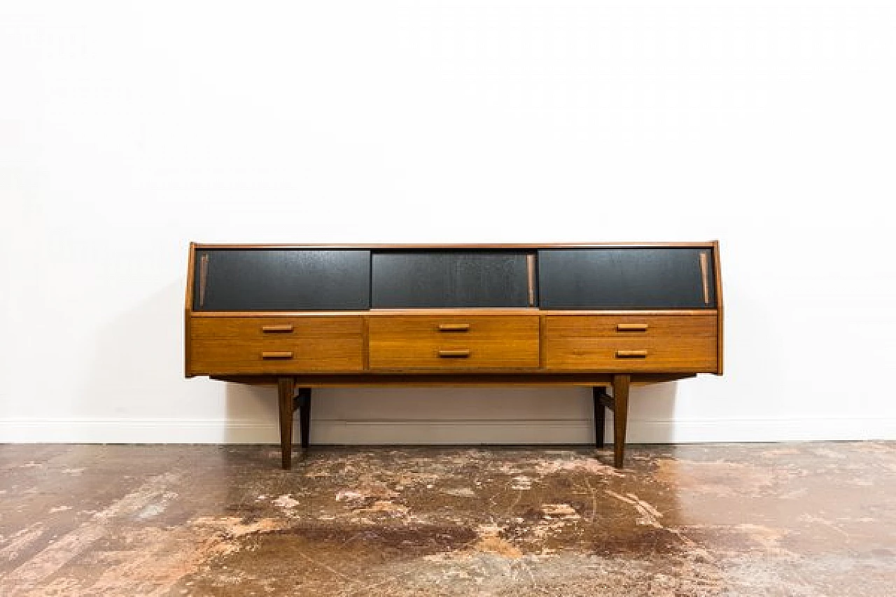 Danish teak sideboard with drawers and black sliding doors, 1960s 1