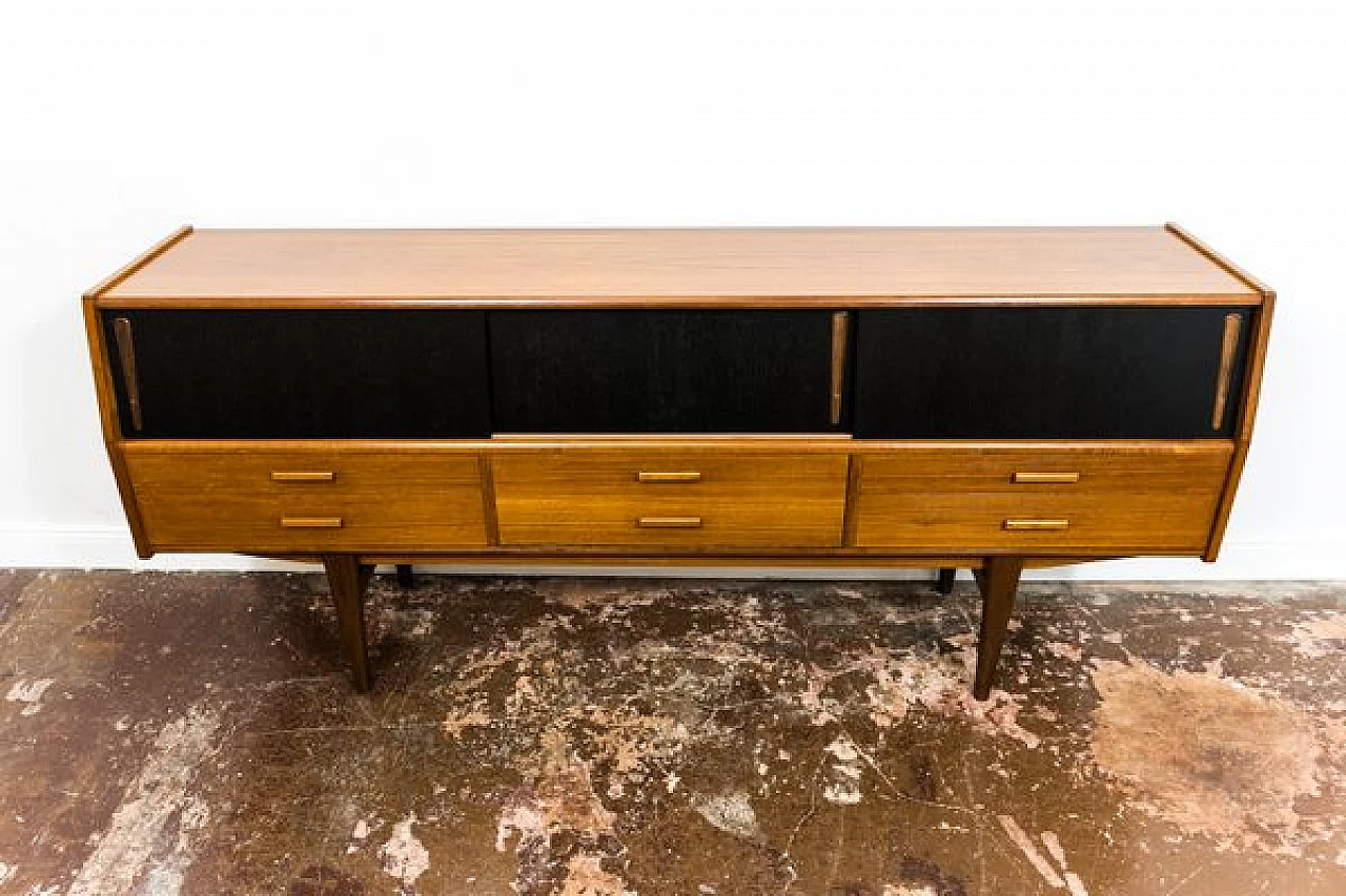 Danish teak sideboard with drawers and black sliding doors, 1960s 12