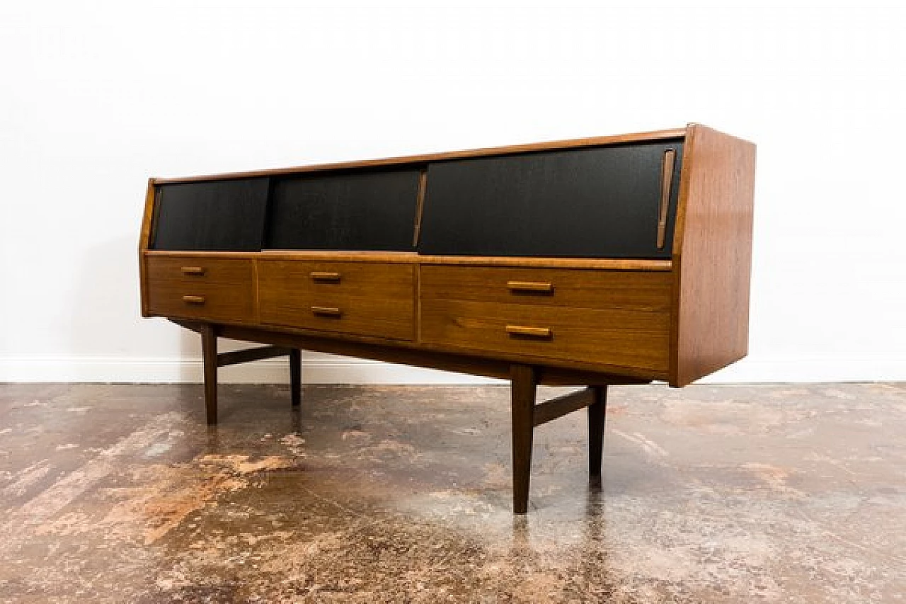 Danish teak sideboard with drawers and black sliding doors, 1960s 20