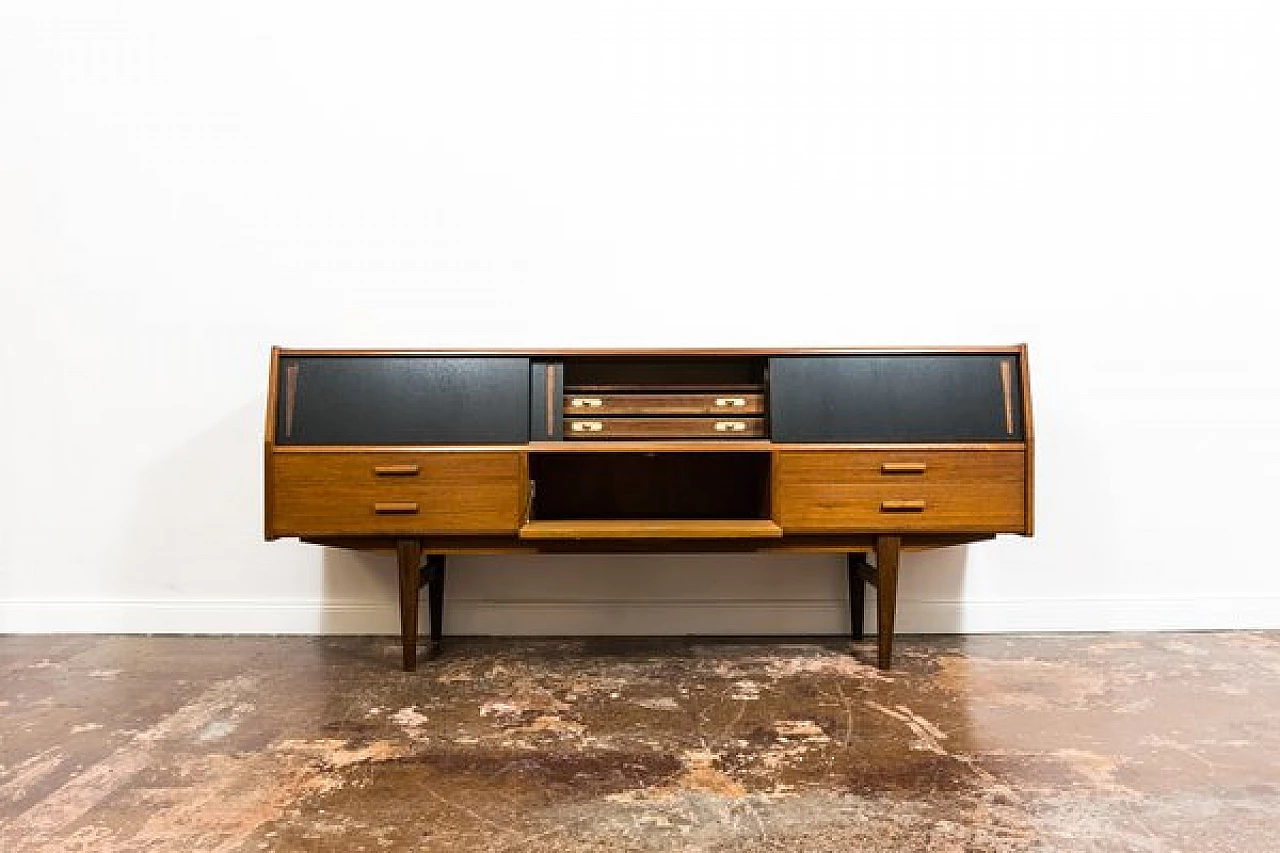 Danish teak sideboard with drawers and black sliding doors, 1960s 27