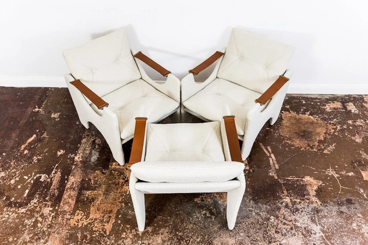 3 Fabric and wood armchairs with coffee table, 1975 7