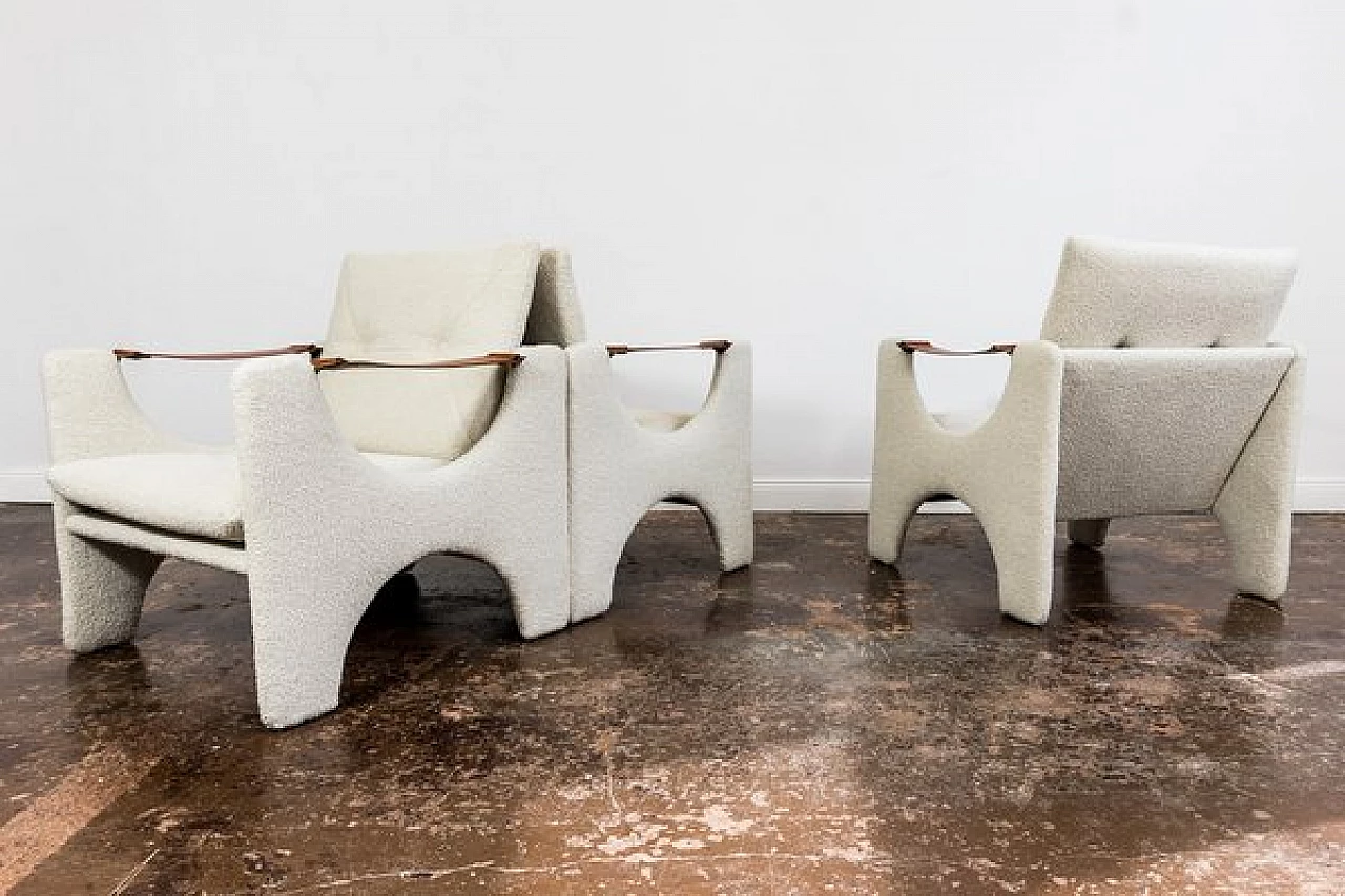 3 Fabric and wood armchairs with coffee table, 1975 11