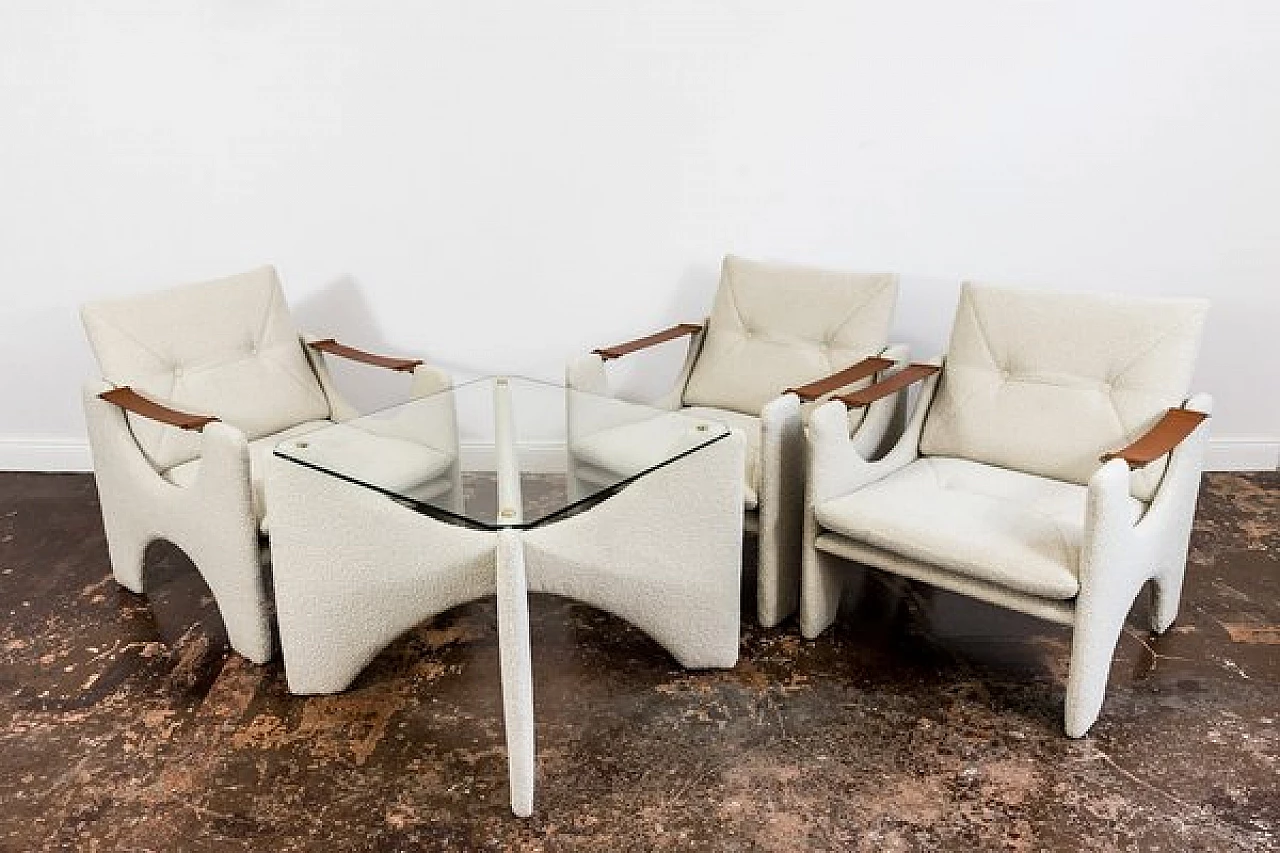 3 Fabric and wood armchairs with coffee table, 1975 26