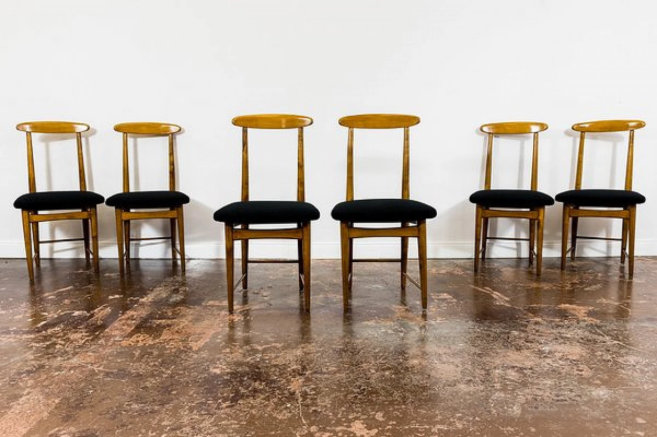 6 Chairs in wood and black fabric by Bernard Malendowicz, 1960s 1