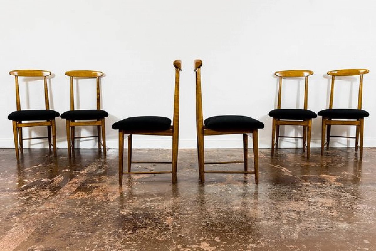 6 Chairs in wood and black fabric by Bernard Malendowicz, 1960s 5