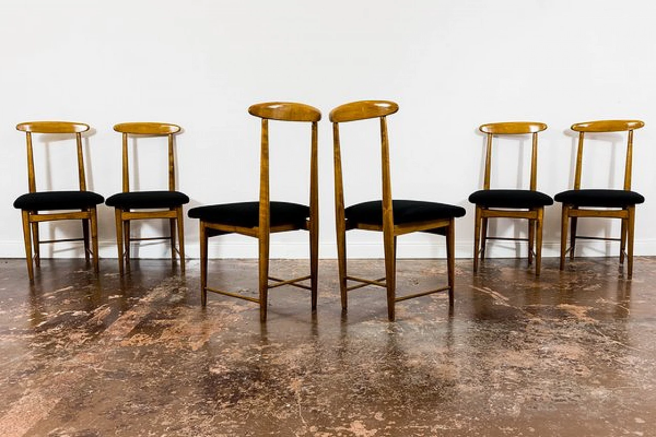 6 Chairs in wood and black fabric by Bernard Malendowicz, 1960s 6