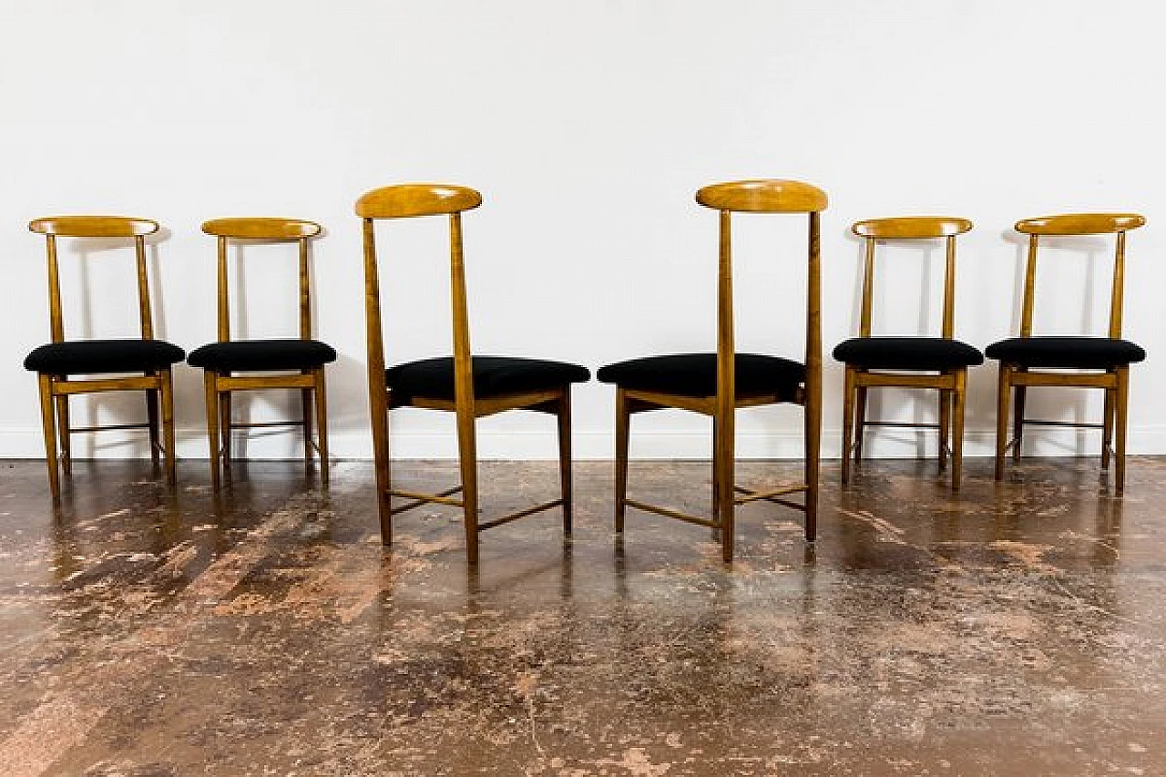 6 Chairs in wood and black fabric by Bernard Malendowicz, 1960s 8