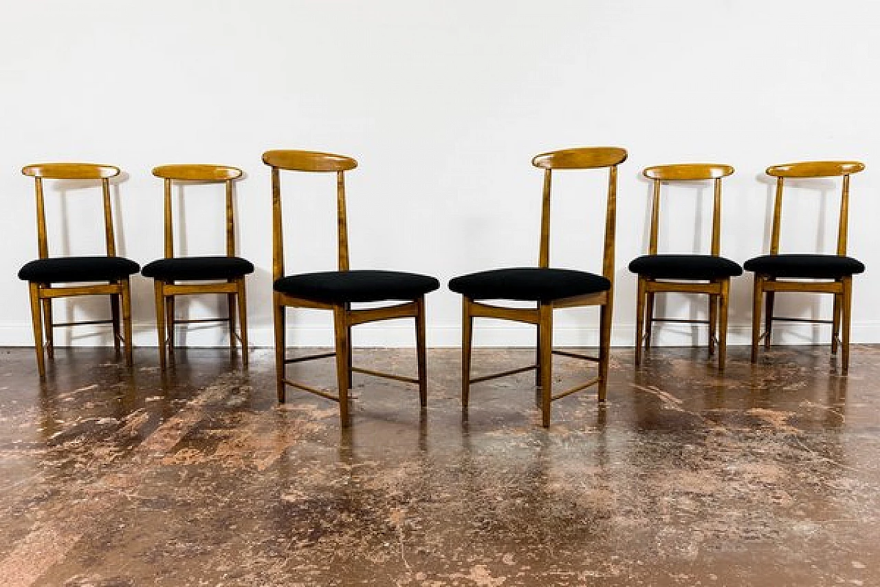 6 Chairs in wood and black fabric by Bernard Malendowicz, 1960s 9