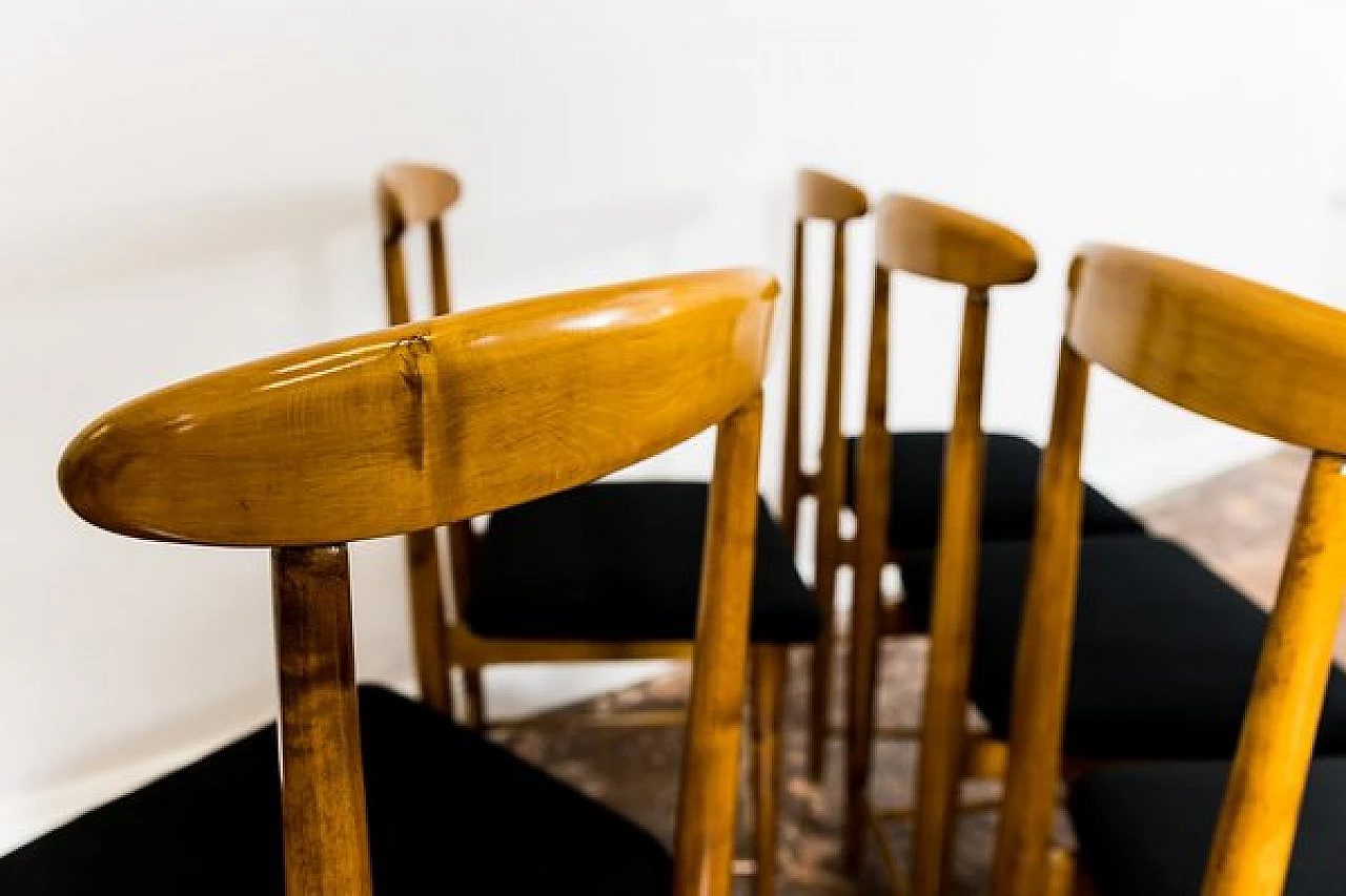 6 Chairs in wood and black fabric by Bernard Malendowicz, 1960s 14