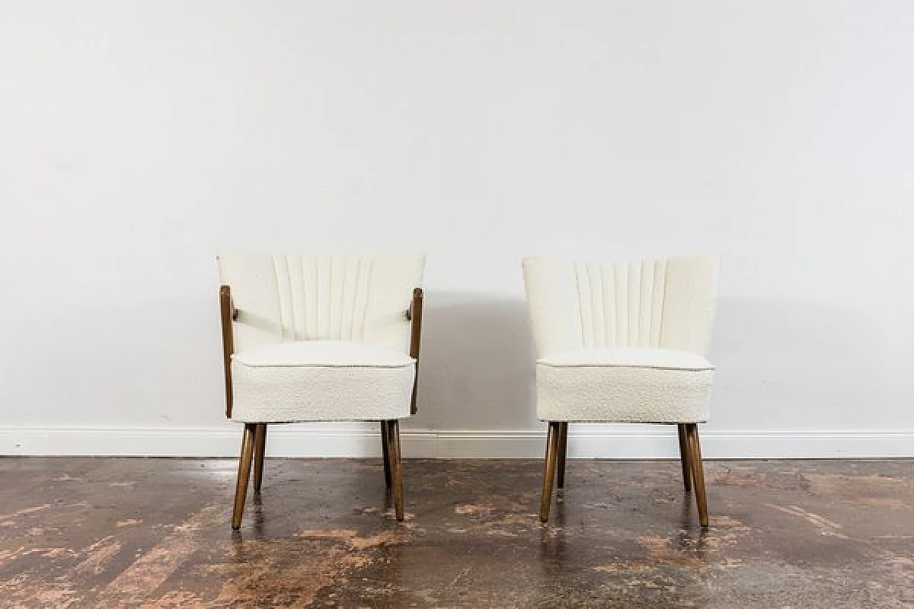 Beech and white bouclé fabric armchair and chair, 1950s 1