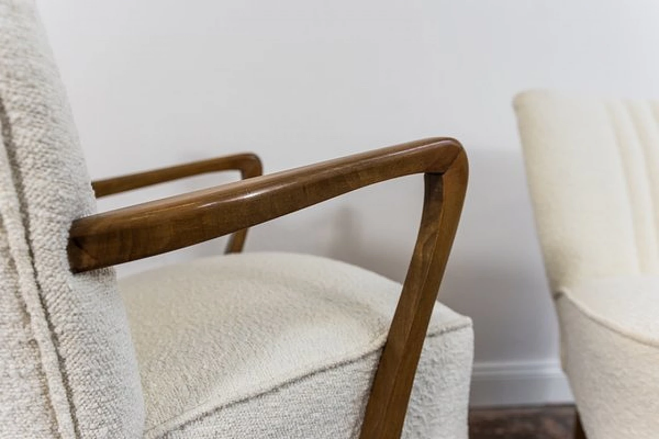 Beech and white bouclé fabric armchair and chair, 1950s 6