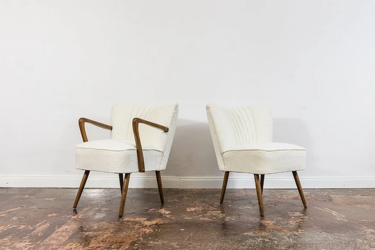 Beech and white bouclé fabric armchair and chair, 1950s 10