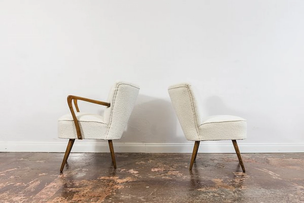 Beech and white bouclé fabric armchair and chair, 1950s 11