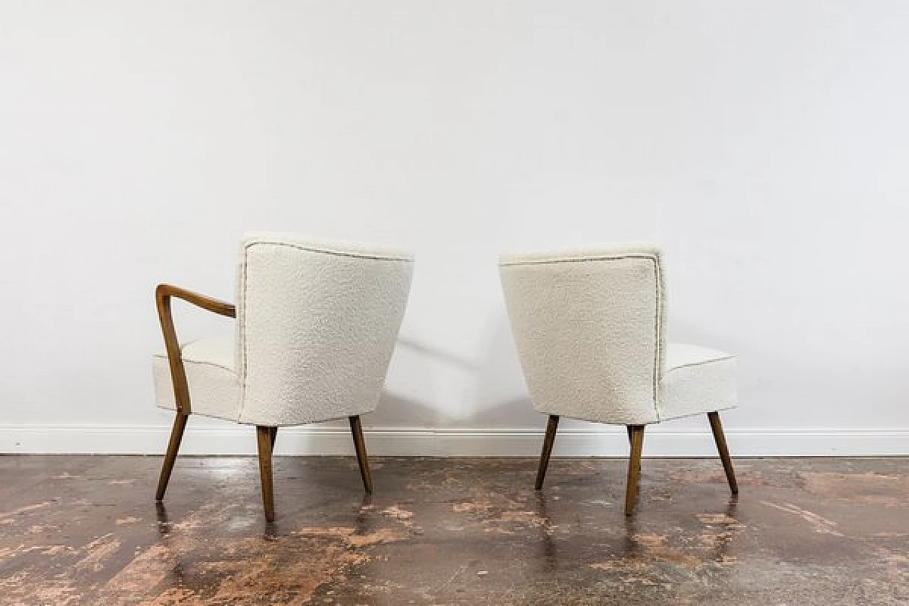 Beech and white bouclé fabric armchair and chair, 1950s 12