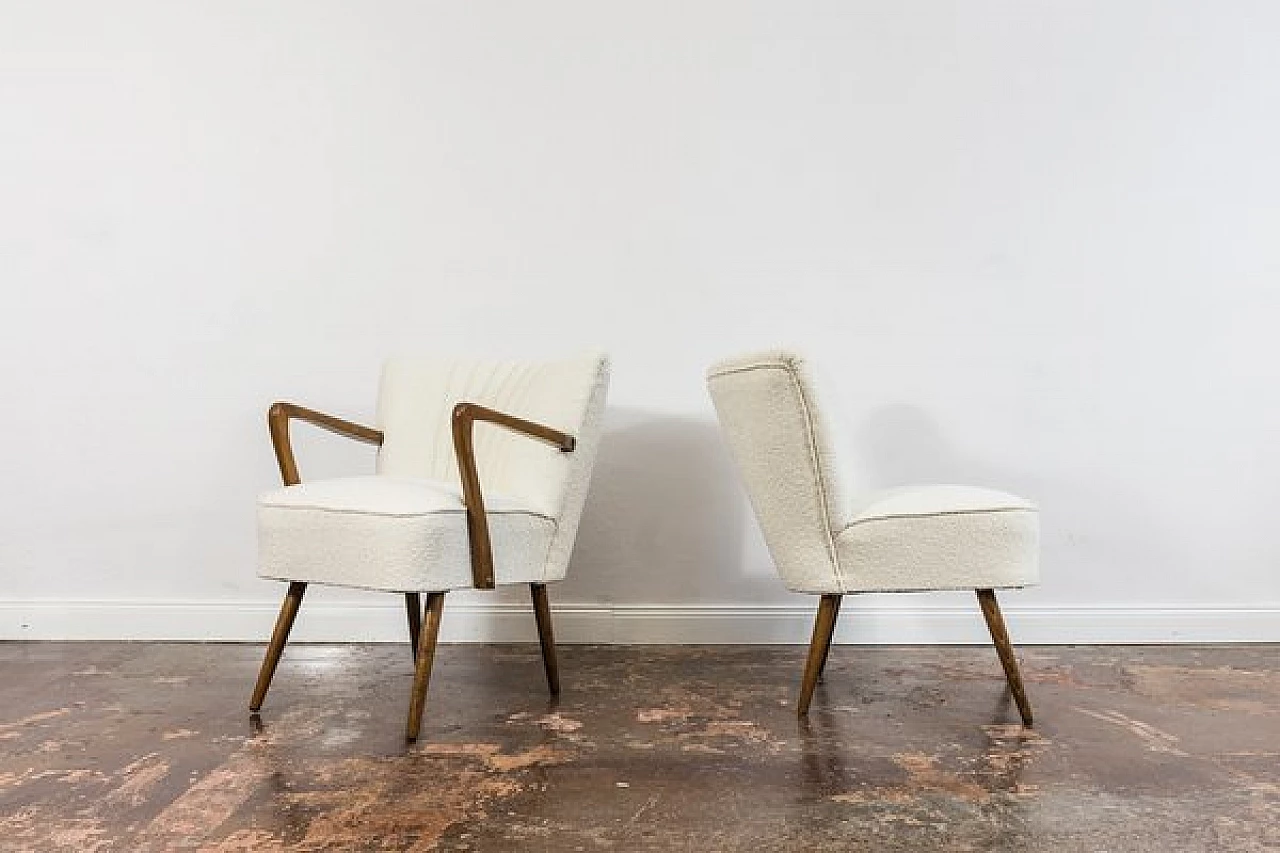 Beech and white bouclé fabric armchair and chair, 1950s 13