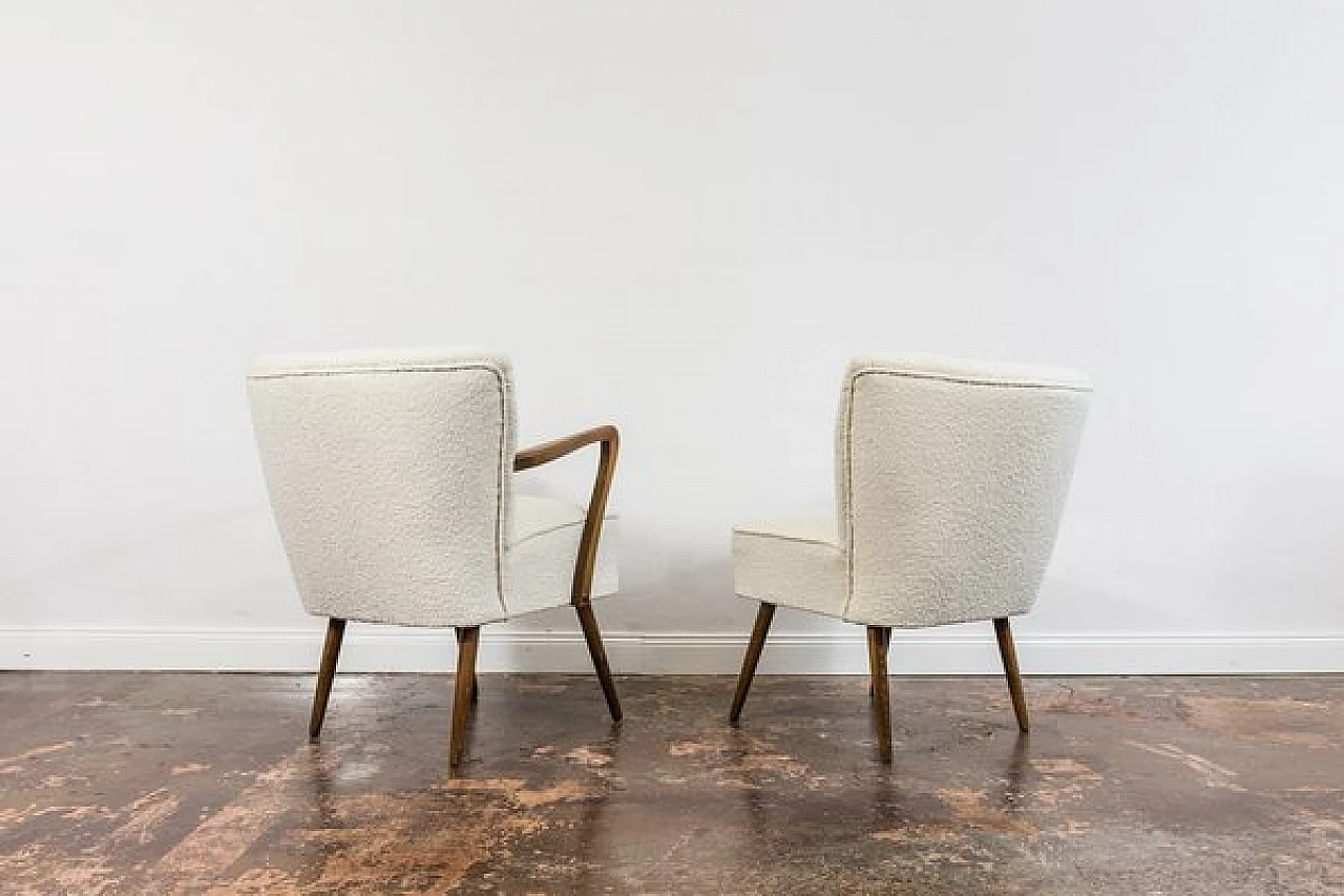 Beech and white bouclé fabric armchair and chair, 1950s 16