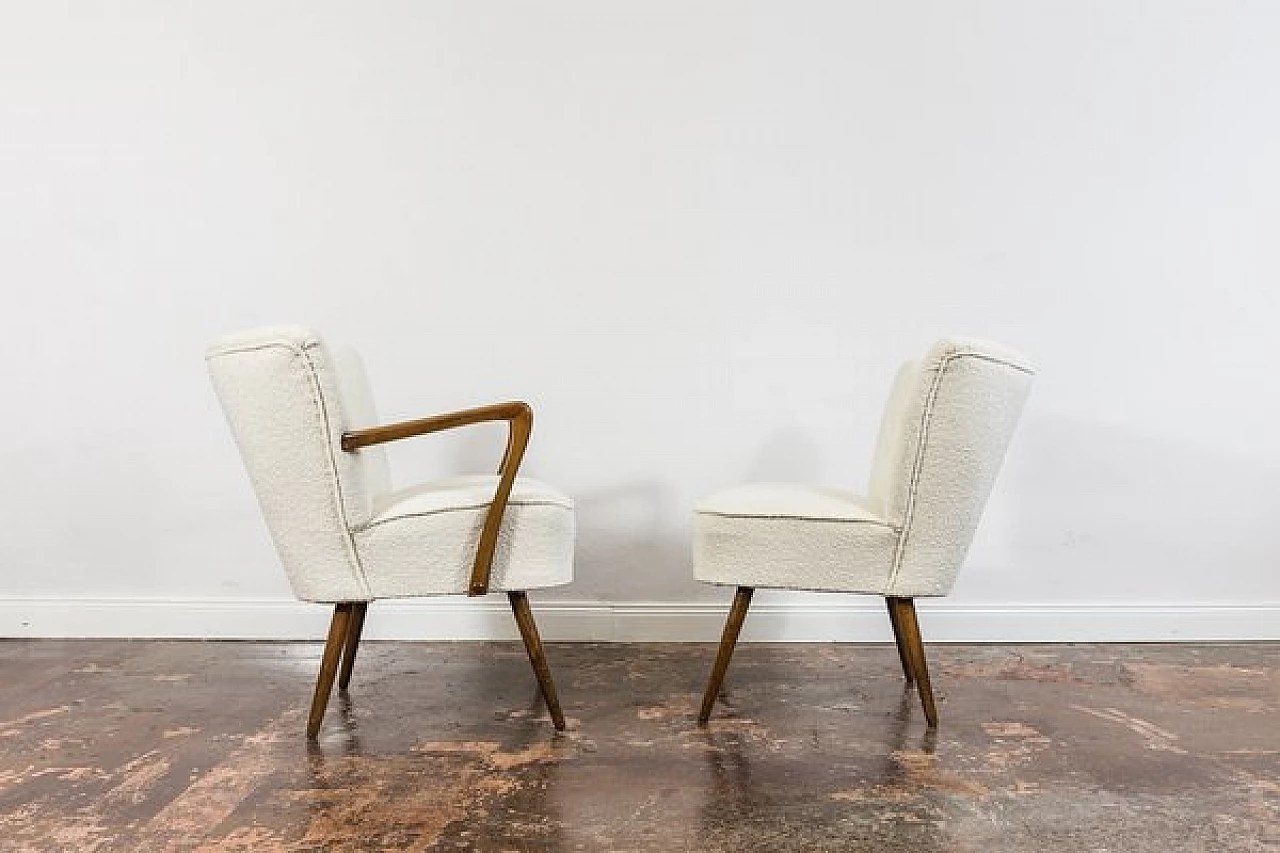 Beech and white bouclé fabric armchair and chair, 1950s 17