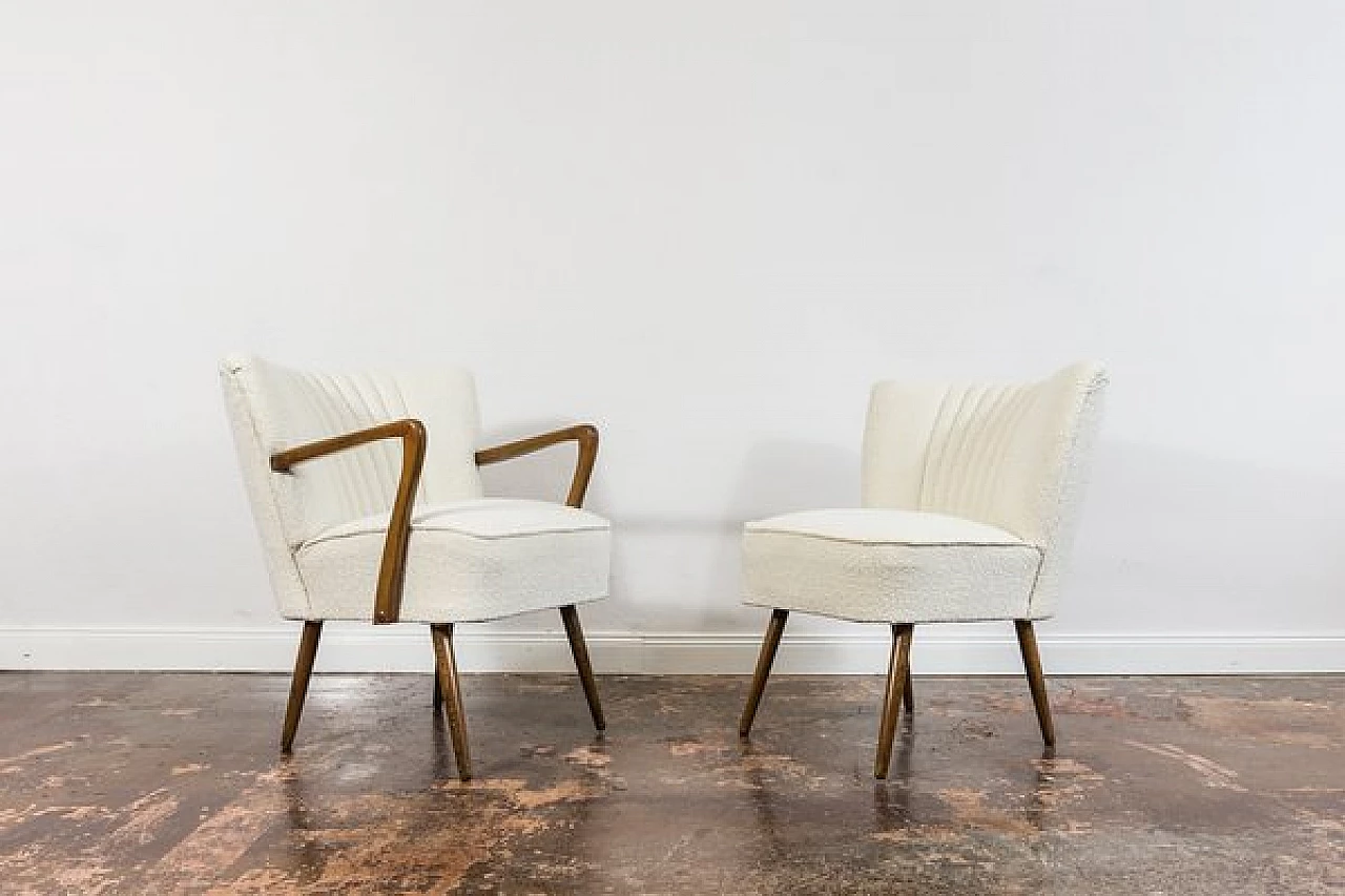 Beech and white bouclé fabric armchair and chair, 1950s 18