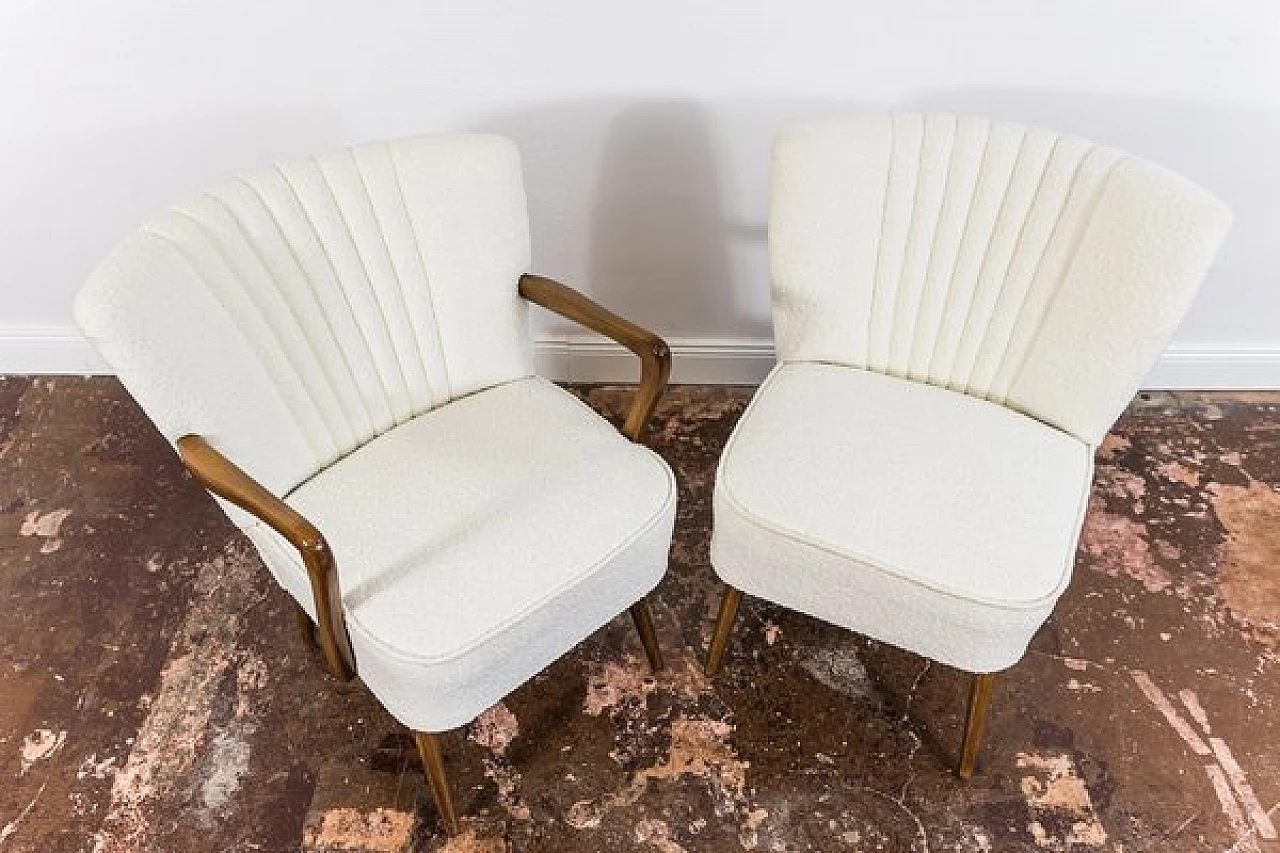 Beech and white bouclé fabric armchair and chair, 1950s 19