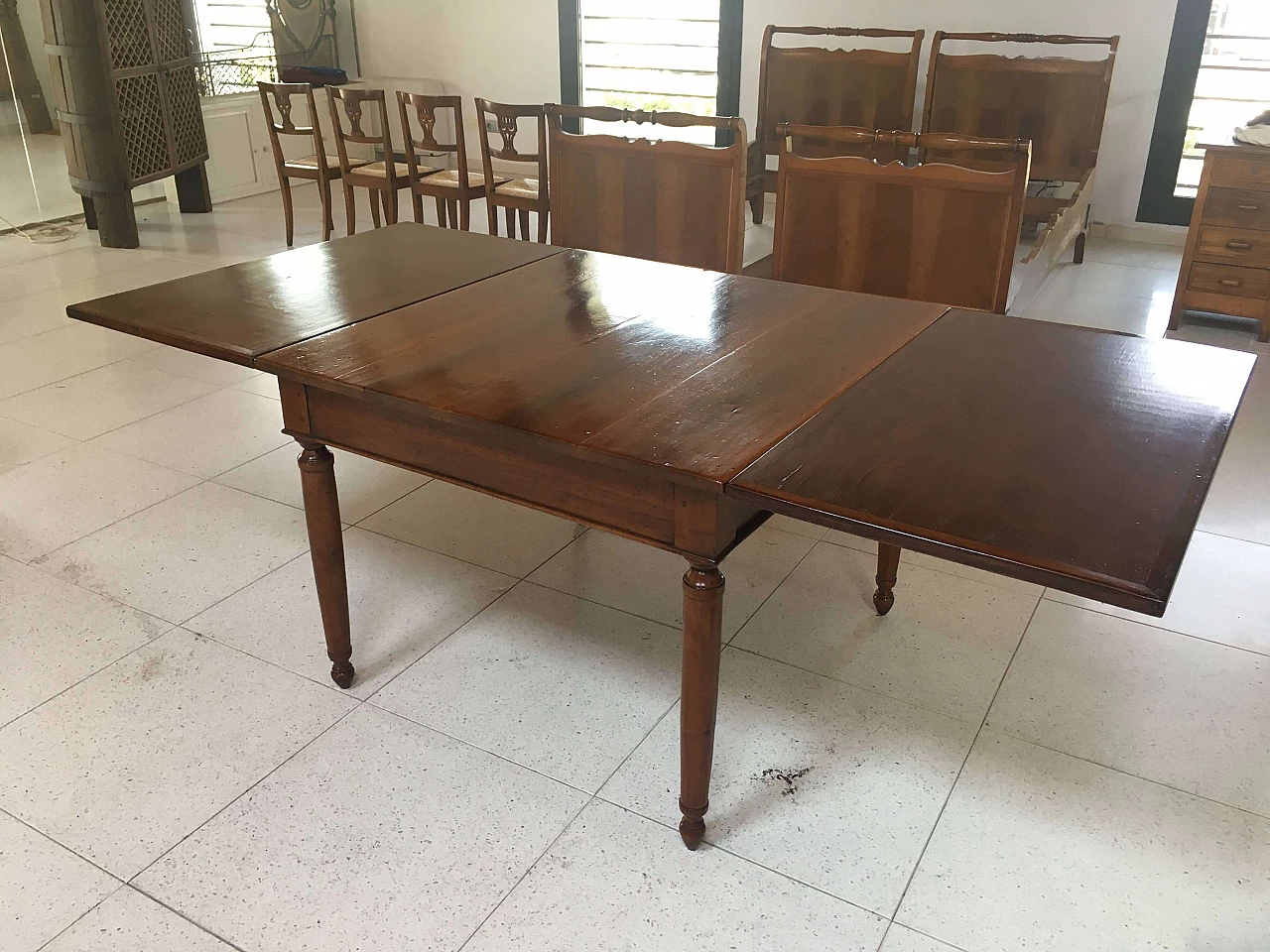 Directoire walnut extendable table with drawer, early 19th century 13