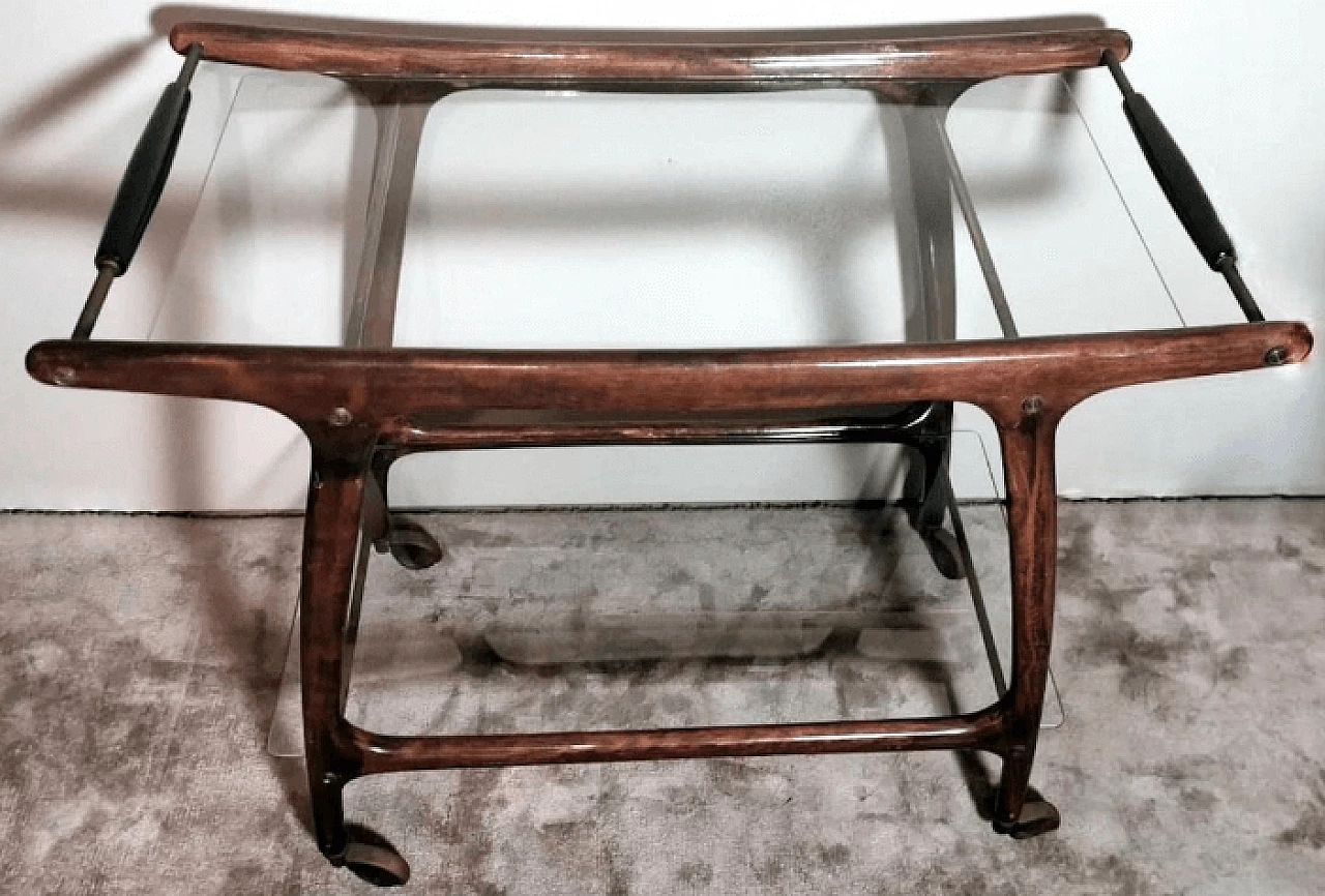 Walnut bar cart with glass shelves by Cesare Lacca, 1950s 2