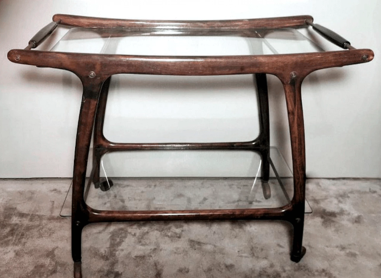 Walnut bar cart with glass shelves by Cesare Lacca, 1950s 3