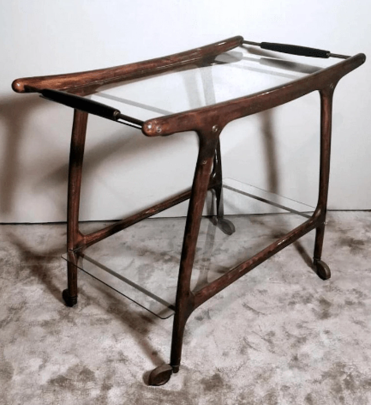 Walnut bar cart with glass shelves by Cesare Lacca, 1950s 4