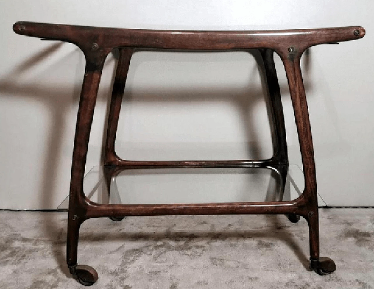 Walnut bar cart with glass shelves by Cesare Lacca, 1950s 5