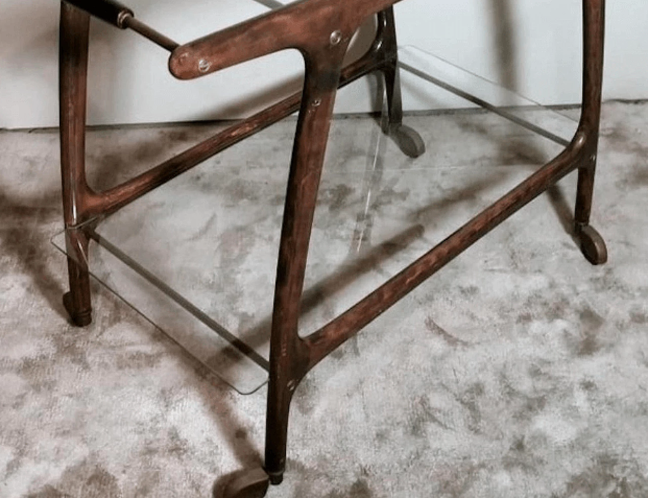 Walnut bar cart with glass shelves by Cesare Lacca, 1950s 8