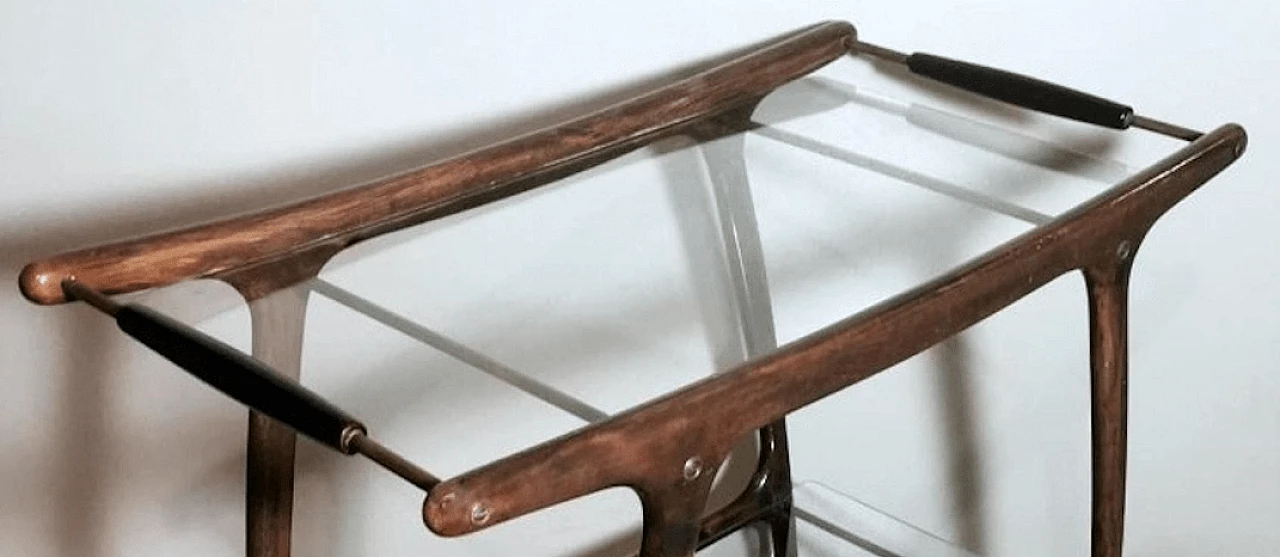 Walnut bar cart with glass shelves by Cesare Lacca, 1950s 13